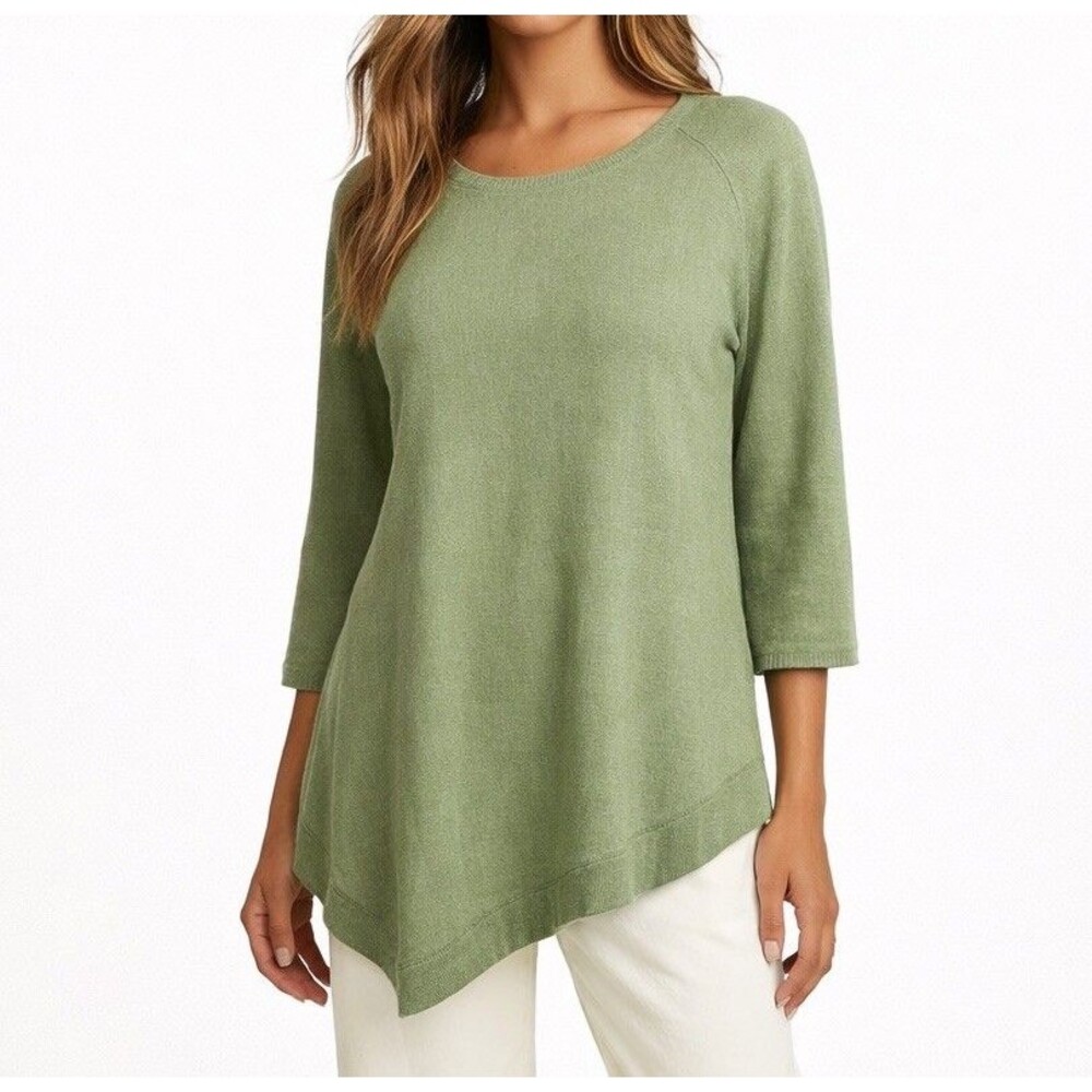 Lafayette 148 NY Linen Blouse Top S Asymmetrical Hem 3/4 Sleeve Green Linen $798
